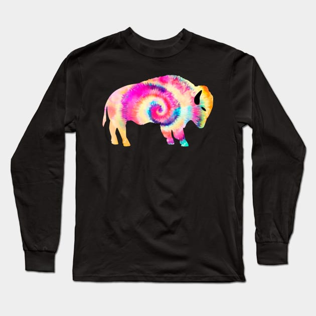 Rainbow Tie Dye Buffalo American Bison Long Sleeve T-Shirt by Brobocop